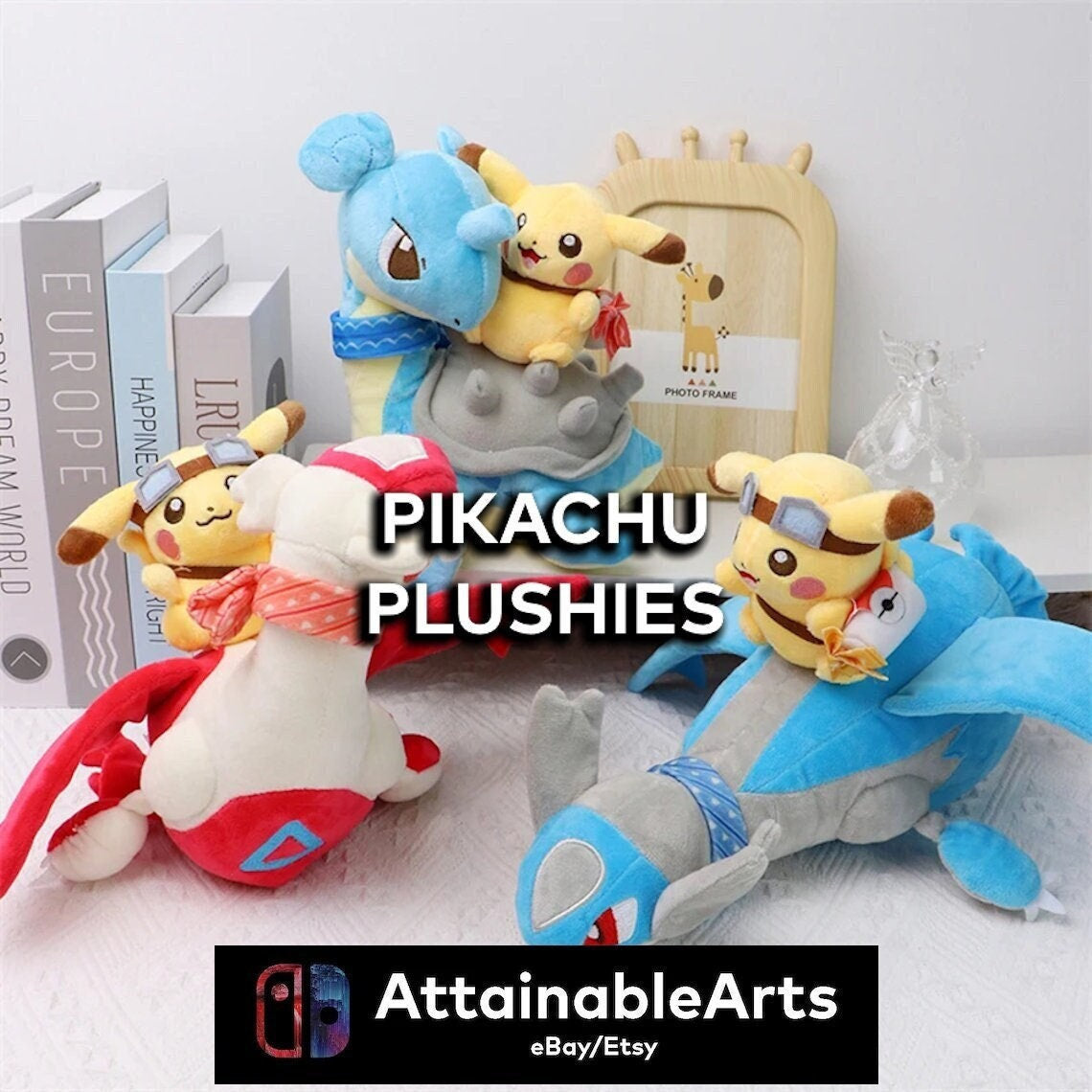 Pikachu's Legendary Adventure Collection - Pokemon Plushies - Pikachu with Latios Latias Lapras (etsy image id: 6088804122)